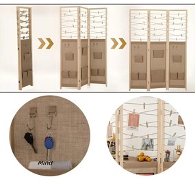 Paravan cu 3 panouri, 8 compartimente de depozitare și 4 cârlige – natur