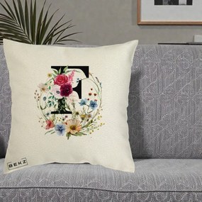 Cadou Personalizat - Perna Personalizata Monogram Litera F cu Flori Acuarela, 40x40 cm, Ecru, Husa Detasabila, Perna Inclusa, BEKZ®