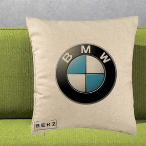 Perna Personalizata cu emblema BMW, 40x40 cm, Bej, Husa Detasabila, Perna Inclusa, BEKZ®