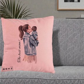Cadou pentru Mama - Perna Personalizata The Best Mom Jachete, 40x40 cm, Roz, Husa Detasabila, Perna Inclusa, BEKZ®
