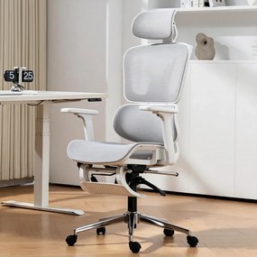 AERION – Scaun ergonomic, spătar ergonomic segmentat, suport lombar 3D, tetieră reglabilă, cotiere 3D, suport pentru picioare, înclinare până la 145°, bază metalică, Mesh, Alb/Gri