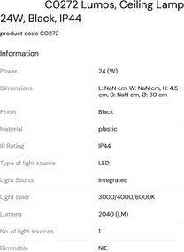 Plafoniera LED baie cu protectie IP44, Plastic, Negru, Lumos 30cm