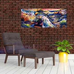 Tablou - Navă pe valurile oceanului, aquarelă (120x50 cm)