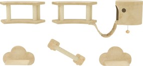 PawHut Set de cățărat pentru pisici, 5 piese, cu stâlp pentru zgâriat, platforme de săritură, scară, căsuță, montare pe perete, bej | Aosom Romania