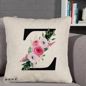 Cadou Personalizat - Perna Personalizata Monograma Florala Litera Z cu Buchet, 40x40 cm, Bej Canapea, Husa Detasabila, Perna Inclusa, BEKZ®
