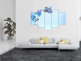 Tablou - Fluture pe flori de orhidee, albastru (150x105 cm)