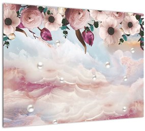 Tablou pe sticlă - Flori roz și marmură roz (70x50 cm)