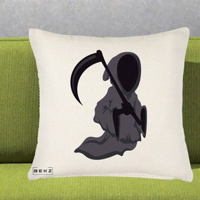 Perna Decorativa Moartea cu Coasa Grim Reaper Halloween, 40x40 cm, Crem Reliefat, Husa Detasabila, Perna Inclusa, BEKZ®