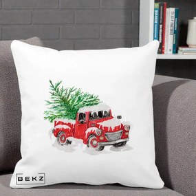 Perna Decorativa Camioneta Rosie Brad de Craciun, 40x40 cm, Alba Mata, Husa Detasabila, Perna Inclusa, BEKZ®