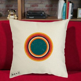 Perna Decorativa Retro Cerc Concentric Geometric Vintage, 40x40 cm, Ecru, Husa Detasabila, Perna Inclusa, BEKZ®