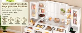 Set Masa toaleta alba 160 cm, cu Priza si USB, cosmetica, machiaj, oglinda cu LED, masuta vanity cu Blat de Sticla, make-up - SEA437