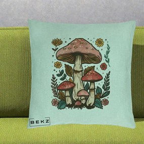 Perna Decorativa Ciuperci Vintage Floral, 40x40 cm, Verde Menta, Husa Detasabila, Perna Inclusa, BEKZ®