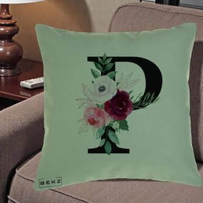 Cadou Personalizat - Perna Personalizata Monograma Florala Litera P, 40x40 cm, Verde, Husa Detasabila, Perna Inclusa, BEKZ®