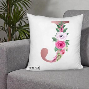 Cadou Personalizat - Perna Personalizata Monograma Rose Gold Litera J, 40x40 cm, Alb Pufos, Husa Detasabila, Perna Inclusa, BEKZ®