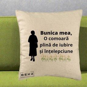 Cadou pentru Bunica - Perna Personalizata Bunica Mea Comoara Iubire Intelepciune Silueta cu Nepoata, 40x40 cm, Bej, Husa Detasabila, Perna Inclusa, BEKZ®