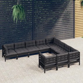 3096999 vidaXL Set mobilier grădină cu perne, 10 piese, negru, lemn de pin