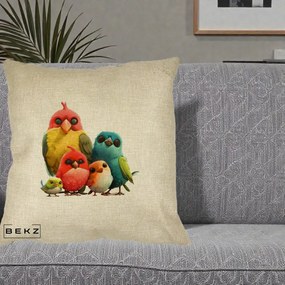 Perna Decorativa Familie de Pasarele Colorate, 40x40 cm, Crem, Husa Detasabila, Perna Inclusa, BEKZ®
