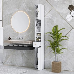 HOMCOM Dulap Înalt de Baie cu 2 Compartimente, 3 Rafturi Deschise și Sertar, 20x20x178 cm, Alb | Aosom Romania