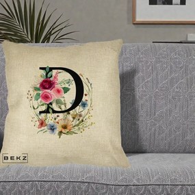 Cadou Personalizat - Perna Personalizata Monogram Litera D cu Flori Acuarela, 40x40 cm, Crem, Husa Detasabila, Perna Inclusa, BEKZ®