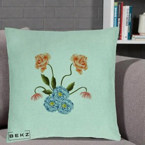 Perna Decorativa Trandafiri si Bujori Acuarela, 40x40 cm, Verde Menta, Husa Detasabila, Perna Inclusa, BEKZ®