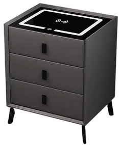 Noptieră inteligentă cu &icirc;ncărcare wireless, iluminare LED și 3 sertare &ndash; culoare gri antracit, design modern din sticlă și lemn