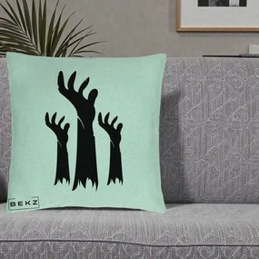 Perna Decorativa Halloween Maini Zombie Alb-Negru, 40x40 cm, Verde Menta, Husa Detasabila, Perna Inclusa, BEKZ®