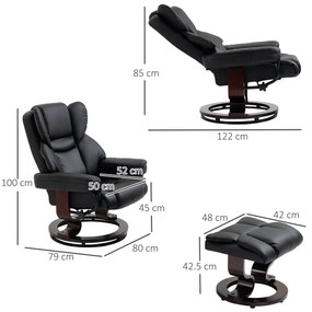 HOMCOM Fotoliu Relaxant si Puf, Reclinabil la 145° cu Scaun Rotativ din Piele Ecologica, Negru | Aosom Romania