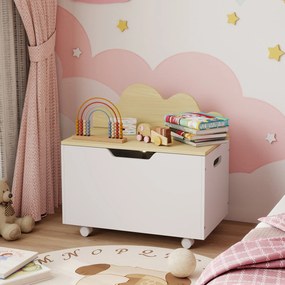 AIYAPLAY Cufăr de jucării pentru copii pe roți, cutie de depozitare pentru copii cu capac rabatabil, 59 x 30 x 53 cm, alb | Aosom Romania