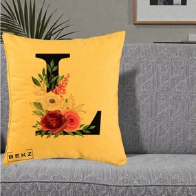 Cadou Personalizat - Perna Personalizata Monograma Florala Litera L, 40x40 cm, Galben, Husa Detasabila, Perna Inclusa, BEKZ®