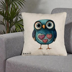 Perna Decorativa Bufnita Teal cu Doua Inimi, 40x40 cm, Bej Canapea, Husa Detasabila, Perna Inclusa, BEKZ®