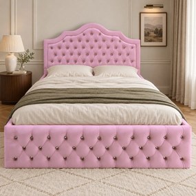 Pat tapițat Chesterfield din catifea Imperio Deluxe 140×200 cm, roz, cu ladă de depozitare