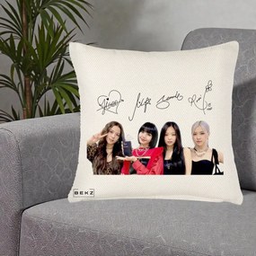 Perna Personalizata K-pop BLACKPINK Semnaturi, 40x40 cm, Crem Reliefat, Husa Detasabila, Perna Inclusa, BEKZ®