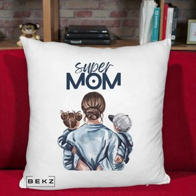 Cadou pentru Mama - Perna Personalizata Super Mom, 40x40 cm, Alb Pufos, Husa Detasabila, Perna Inclusa, BEKZ®