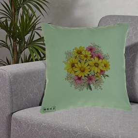 Perna Decorativa Floarea-Soarelui cu Cosmos Roz si Gypsophila, 40x40 cm, Verde, Husa Detasabila, Perna Inclusa, BEKZ®