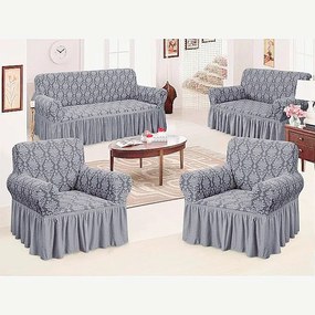 Set huse elastice pentru canapea 3 locuri, canapea 2 locuri si 2 fotolii, cu volanas, model Jacquard Gri