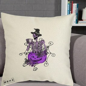 Perna Decorativa Schelet Vrajitor cu Dovleac Violet Halloween, 40x40 cm, Ecru, Husa Detasabila, Perna Inclusa, BEKZ®