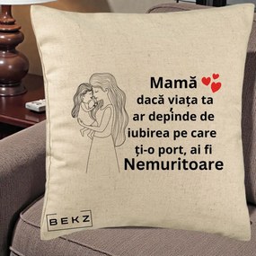 Cadou pentru Mama - Perna Personalizata Mama Nemuritoare cu Copilul in Poala, 40x40 cm, Bej, Husa Detasabila, Perna Inclusa, BEKZ®