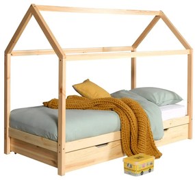 Pat pentru copii în culoare naturală de tip casă/cu extensie suplimentară din lemn masiv de pin cu spațiu de depozitare 90x200 cm DALLAS – Vipack