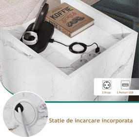 NOA64 - Set 2 Noptiere albe 35 cm, cu 3 sertare Priza si USB, dormitor - Alb Imitatie de Marmura