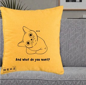 Perna Decorativa And What Do You Want Cat, 40x40 cm, Galben, Husa Detasabila, Perna Inclusa, BEKZ®