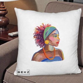 Perna Decorativa Portret Femeie Urbana Acuarela, 40x40 cm, Alb Pufos, Husa Detasabila, Perna Inclusa, BEKZ®