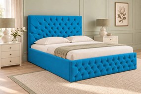 Pat tapițat Chesterfield din catifea Venezia 160×200 cm, albastru deschis, cu ladă de depozitare