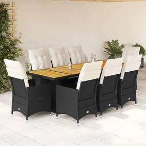 3277231 vidaXL Set bistro de grădină, 9 piese, cu perne, negru, poliratan