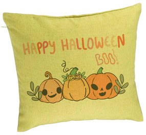 Perna Decorativa cu motiv Dovleac si Text de Halloween, Multicolor, 40x40 cm, Verde, Husa Detasabila, Burduf