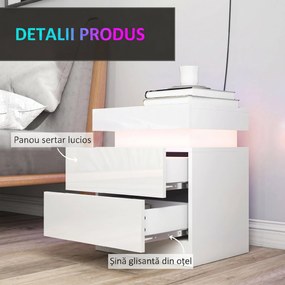 HOMCOM Set 2 Noptiere LED cu 4 Moduri, 2 Sertare, PAL, 45x35x52 cm, Alb Lucios | Aosom Romania