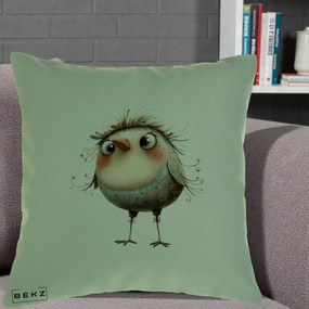 Perna Decorativa Pasare cu Penaj Zbarlit si Gene, 40x40 cm, Verde, Husa Detasabila, Perna Inclusa, BEKZ®