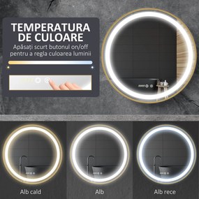 kleankin Oglindă de Baie Rotundă cu Lumină LED, Luminozitate Reglabilă și Întrerupătoare Touch, Ø60x4 cm, Auriu | Aosom Romania