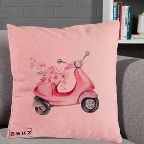 Perna Decorativa Scuter Roz cu Flori Acuarela, 40x40 cm, Roz, Husa Detasabila, Perna Inclusa, BEKZ®