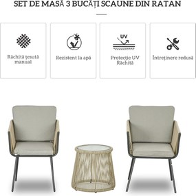 Outsunny Set mobilier de Grădină cu 2 Scaune și Măsuță de Cafea cu Blat din Sticlă, Ø49x47 cm, Maro | Aosom Romania