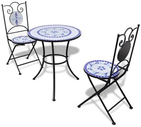 vidaXL Set mobilier bistro, 3 piese, albastru/alb, plăci ceramice
